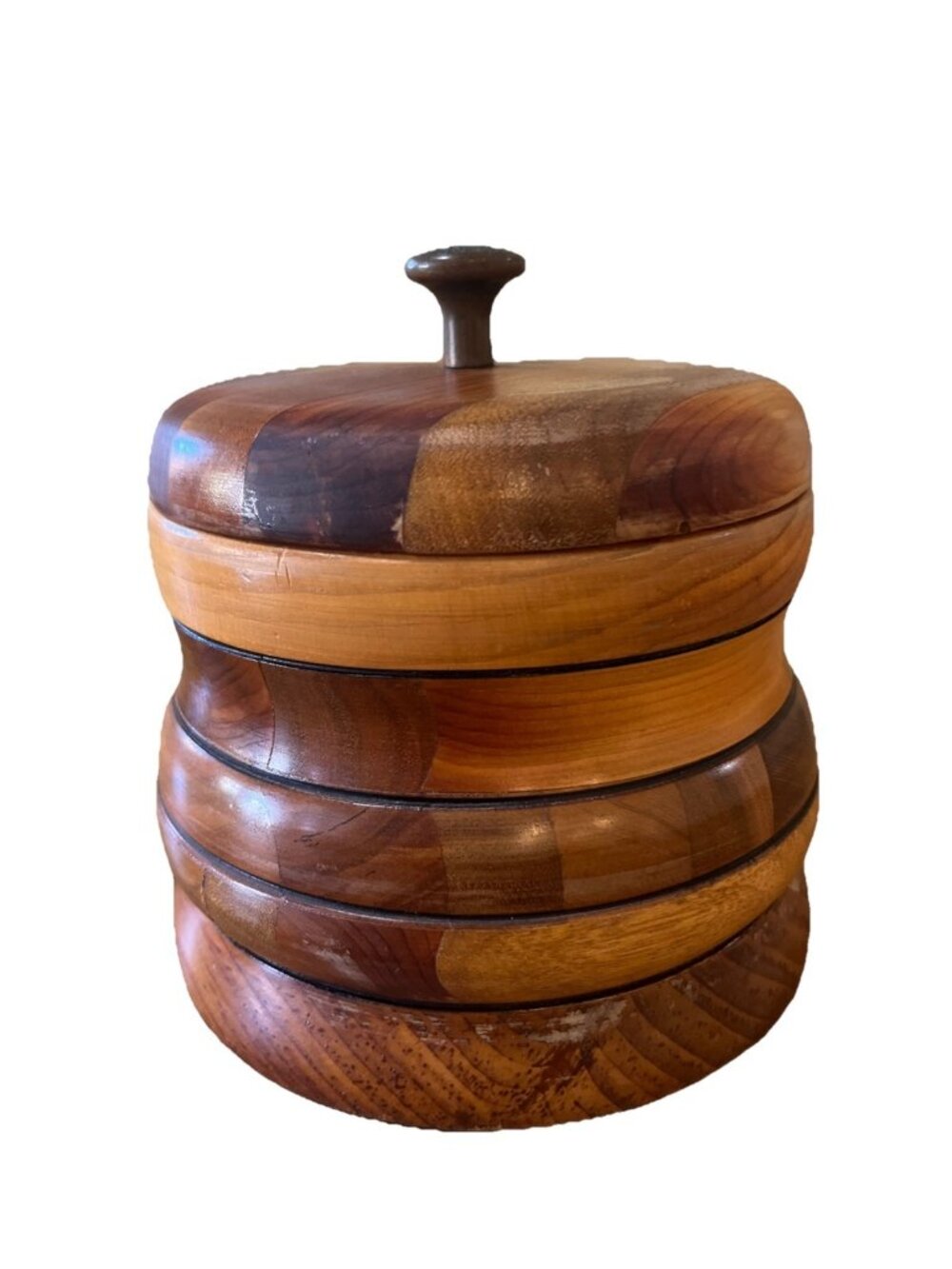 Vintage hand turned wooden Container with lid Tobacco, trinkets, rings and more